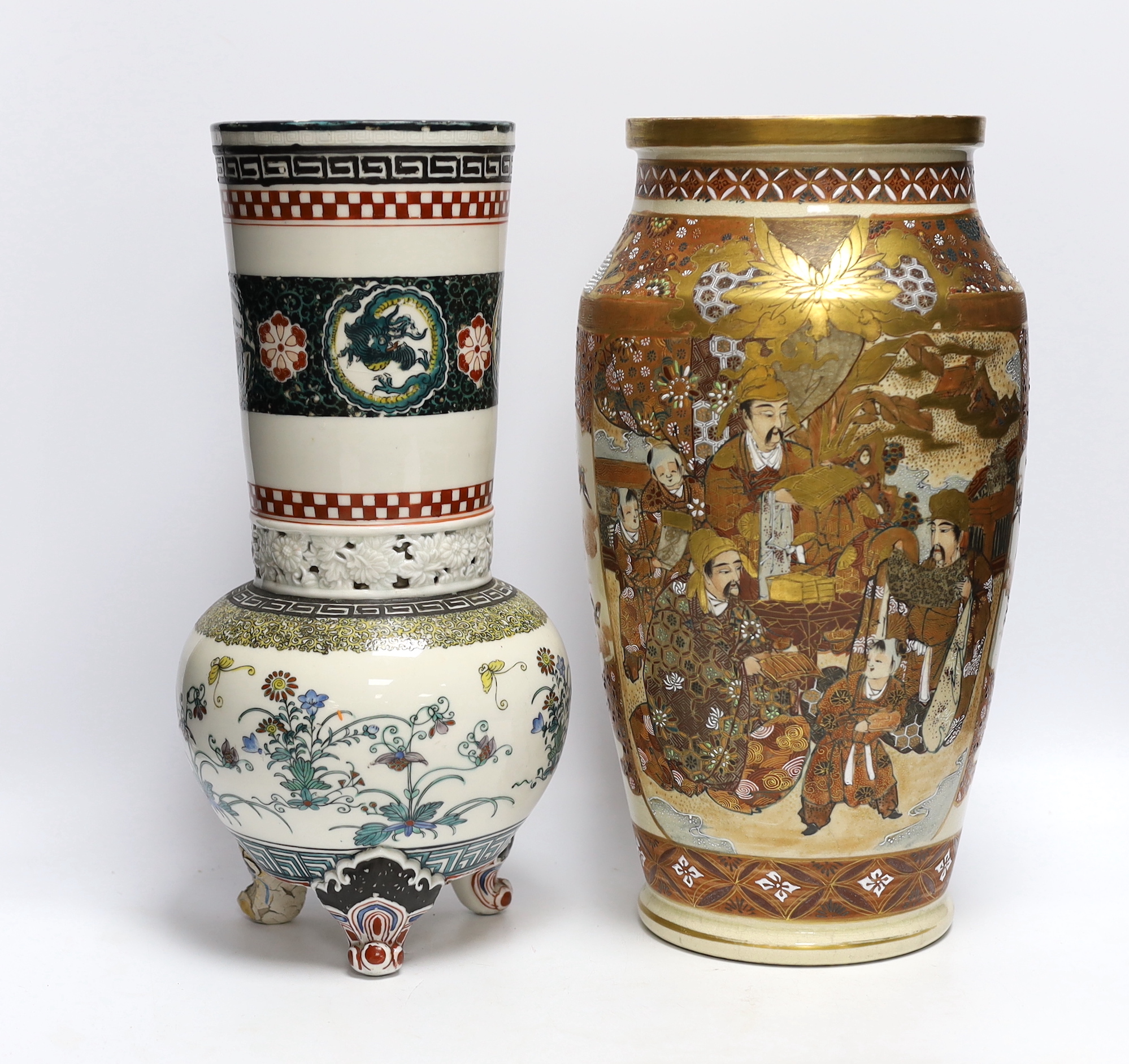 A Japanese satsuma vase and a green Kutani vase, tallest 36cm